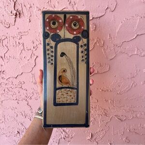 Vintage Hand Painted Mexican Tile Kitchen Accent Piece Bird Floral Blue Feather